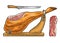 Pig head, jamon leg on horizontal wood stand. Vector engraving