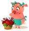 Pig housewife female and large basket of flowers red rose. Valentines Day gift