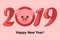 Pig. New Year 2019. Greetting card with cartoon piggi