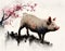 The pig, one of 12 chinese zodiac animal, painted in the way of chinese style.