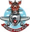 Pig in pilot outfit, flying airplane and banner with text `when pigs fly`