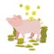 Pig pink money coin with a pile of gold coins