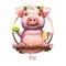 Pig with positive emotions holding soap and sponge digital art. Isolated icon of swine sitting in dirt, wearing plants