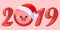 Pig in Santa Claus hat. Piglet. Symbol of Chinese New Year 2019. Greetting card with cartoon piggi