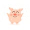 Pig smiles, celebrate with confetti paper falling, cute and funny cartoon characters, Chinese New Year, year of the pig on white