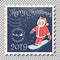 Pig snowboarder - Santa Claus. Christmas. Postage Stamp