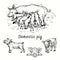 Pig sow feeding piglets and couple piglets isolated view. Ink black and white doodle drawing