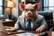 Pig in suit and glasses sits at office table. Generative AI