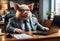 Pig in suit and glasses sits at office table. Generative AI