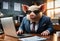 Pig in suit and glasses sits at office table. Generative AI