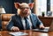 Pig in suit and glasses sits at office table. Generative AI