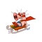 Pig superhero fast riding on sleigh. Humanized animal with scared face. Funny cartoon character. Vector icon
