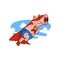 Pig superhero in flying action with paw up. Funny humanized animal in red cape and mask. Cartoon vector icon