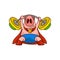 Pig superhero holding barbell above his head. Farm animal in blue shorts and red mantle. Cartoon vector design