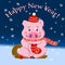 Pig, symbol 2019, new year, holiday. Cute pig knits a sock.