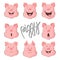 Pig vector character constructor of emotions. Portrait of a pig set. Piglet head with emotion. Cute piggy happy laughter