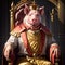 Pig wearing crown in throne room. Generative AI