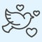 Pigeon line icon. Romantic dove bird with hearts. Wedding asset vector design concept, outline style pictogram on white