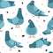 Pigeon pattern. Cartoon seamless texture of wild city birds. Flying animals flock and seeds. Standing or eating gray