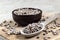 Pigeon pea or tuvar beans or guandu bean Cajanus cajan seeds in ceramic bowl