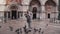 Pigeon sits on arm of beautiful female tourist with smartphone near San Marco cathedral in Venice, Italy slow motion.