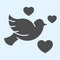 Pigeon solid icon. Romantic dove bird with hearts. Wedding asset vector design concept, glyph style pictogram on white