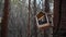 The pigeon stands on a creative bird feeder tied to a tree trunk. Pigeon eyes. Early cold spring Tree bark background