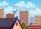 Pigeons on city roof. Street urban animal birds concept and town silhouette. Vector isolated graphic design illustration