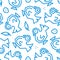 Pigeons, feathers and eggs low poly seamless pattern. Blue lines on white background.