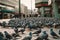 Pigeons Flocking On City Street. Generative AI