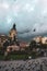 Pigeons flying above Plaza Murillo in Bolivia