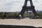 Pigeons on the ledge in front of Eiffel Tower