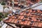 Pigeons sitting on the brown tiled roof in Kathmandu