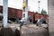 Pigeons sitting on the railway platform on background of freight train cars.