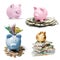 Piggy bank and banknotes icons isolated on white