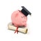 Piggy Bank with Black Graduation Hat and diploma tied with red r