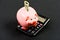 Piggy bank with calculator. Moneybox. bookkeeping. financial report. family budget management. business start up