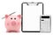Piggy bank with calculator pencil clipboard accounting concept a