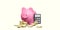 Piggy bank with calculator and stacks of gold coins. Money savings and finance expense management. Income tax or deposit bank