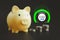 Piggy bank and coin with icons of 100 percent to complete in saving