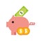 Piggy bank coins banknote money