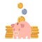 Piggy bank and coins. Flat saving money vector concept