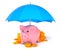 Piggy bank with coins under an umbrella. Money savings insurance concept. 3d render