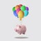 Piggy bank with colorful bunch of Easter eggs balloons floating on bright background. Minimal creative concept