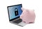 Piggy bank with computer security system on laptop. Banking protection.