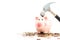 Piggy bank crashed or braked by hammer on money pile suggesting financial crisis