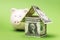 Piggy bank and dollars in the form of a house on a green background. Concept on the topic of money accumulation