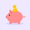 Piggy bank with dollars. Pink money box with golden coins.