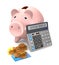 Piggy bank, electronic calculator and gold coins are on a white