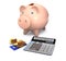 Piggy bank, electronic calculator and money are on a white background.